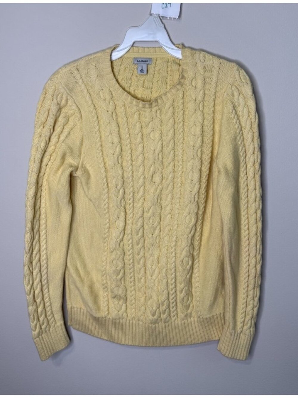 Vintage 90s L.L. Bean Cable Knit Sweater Fisherman Cotton Yellow